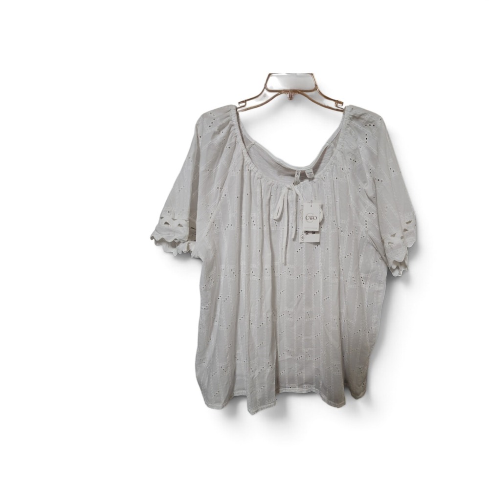 Cato White Eyelet Blouse Short Sleeve Scoop Neck Tie Front Top  22/24 0453